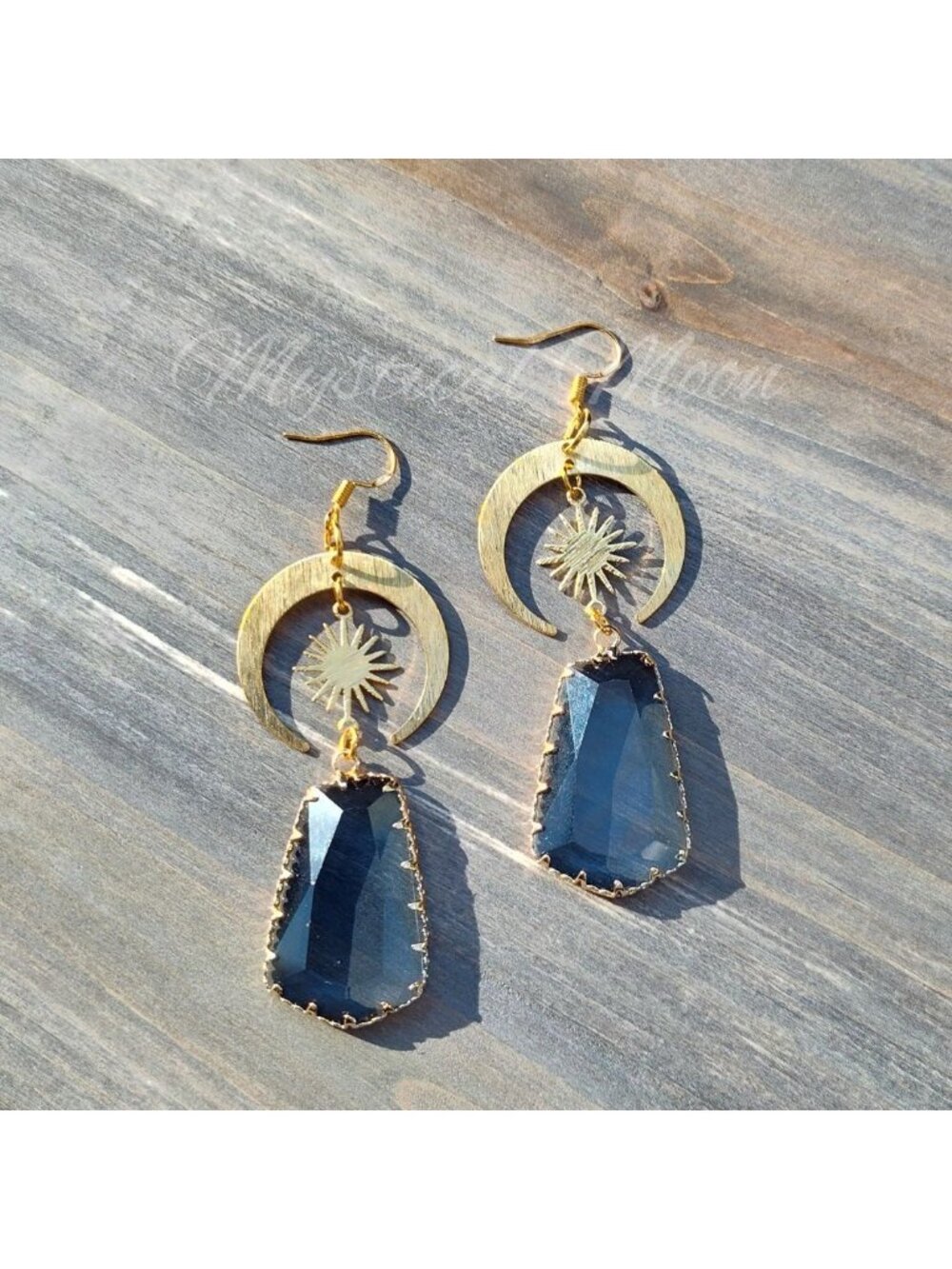 Celestial Earrings with Large Dark Blue Glass Crystal Drop Star and Moon